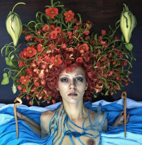 naked woman
,a young red haired woman surrounded by flowers on her head and body,bodypainting,elven flower,dryad,girl in a wreath,seelie,maenads,Photography,General,Realistic