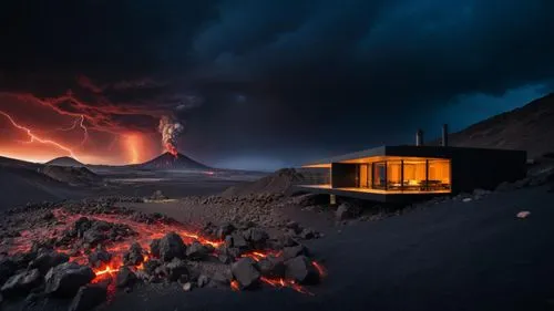 Futuristic villa, black steel and glass, located on the side of a mountain. Rugged volcanic landscape, deserted, ancient, black rock, obsidian rocks.
Dramatic sky, dark red sky, lightning, volcanic ac