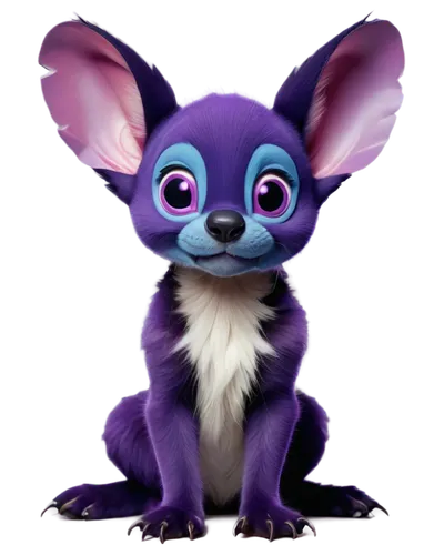 Stitch, alien experiment, blue eyes, big ears, sharp teeth, fluffy fur, purple nose, mischievous expression, sitting on floor, crossed legs, claws visible, Disney style, vibrant colors, soft lighting,