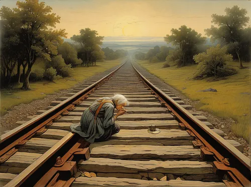 railroad,train of thought,railroad track,railroad engineer,long road,train track,railroad line,man praying,way of the cross,oil track,old tracks,railway track,crossroads,through-freight train,last train,wooden railway,railway,wooden track,road to nowhere,wooden train,Illustration,Retro,Retro 19