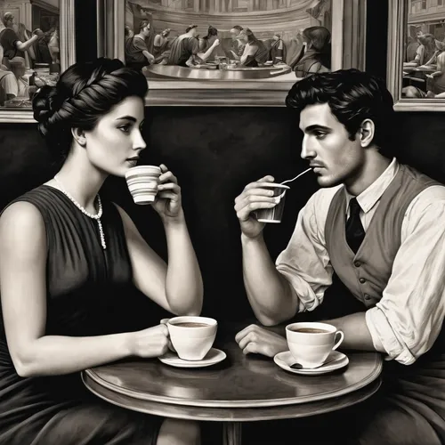 roaring twenties couple,vintage man and woman,parisian coffee,vintage boy and girl,roaring twenties,french coffee,young couple,the coffee shop,cups of coffee,woman drinking coffee,romantic portrait,coffee time,black coffee,tea party,tea time,afternoon tea,caffè americano,paris cafe,coffee break,café au lait,Art,Classical Oil Painting,Classical Oil Painting 02