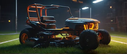 Write a suspenseful scene where a battery mower unexpectedly starts up in the middle of the night.,atv,tractor,lawn mower robot,electric golf cart,crash cart,farm tractor,vintage buggy,lawnmower,mower