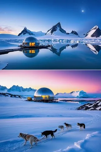 Icy research station, Antarctica, futuristic architecture, dome-shaped building, metallic exterior, reflective surface, snow-covered surroundings, frozen lake, majestic glaciers, aurora australis, sta