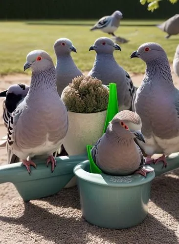 A group of adorable pigeons with piercing green eyes stand in front of a colorful vase filled with ojos, including a large ramification of the striped aflannel and a colorful striped striped bun. The 