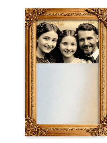 Tabbed picture frame, ornate golden border, 3D embossing effect, soft focus, shallow depth of field, warm lighting, nostalgic tone, old photograph, family portrait, smiling faces, happy memories, vert