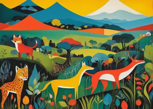 altiplano,guanaco,forest animals,deer illustration,indigenous painting,pere davids deer,woodland animals,antelopes,serengeti,animals hunting,whimsical animals,vicuna,animal kingdom,pachamama,antelope,animal world,spotted deer,hunting scene,giraffes,safari,Art,Artistic Painting,Artistic Painting 33