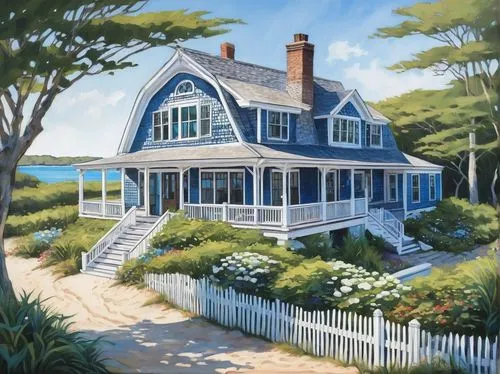 summer cottage,nantucket,cottage,house by the water,edgartown,cape cod,seaside country,house painting,fisherman's house,new england style house,martha's vineyard,little house,white picket fence,marthas vineyard,summer house,home landscape,mawes,hamptons,country cottage,deckhouse,Illustration,Realistic Fantasy,Realistic Fantasy 23