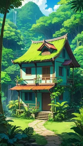 teahouse,tropical house,forest house,house in the forest,home landscape,summer cottage,ghibli,dreamhouse,studio ghibli,japanese background,ryokan,dojo,teahouses,tropical greens,beautiful home,kazoku,japan landscape,seclude,asian architecture,japanese shrine,Illustration,Japanese style,Japanese Style 03