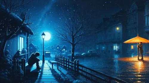 night scene,blue rain,umbrellas,man with umbrella,walking in the rain,world digital painting,night snow,rainy,in the rain,evening atmosphere,hanoi,umbrella,midnight snow,romantic scene,digital paintin