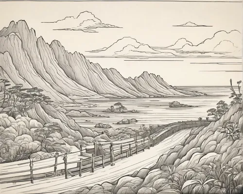 edward lear,mountain scene,karst landscape,navajo bay,coastal landscape,mountainous landscape,landscape with sea,cool woodblock images,landscape,panoramic landscape,mountain landscape,the landscape of the mountains,mountain and sea,hand-drawn illustration,view of the mountains,meteora,high landscape,rural landscape,mount scenery,an island far away landscape,Illustration,Black and White,Black and White 29