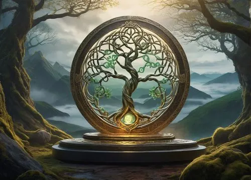 Fantasy, mystical, ancient Firbolg artwork, intricate Celtic knot patterns, golden filigree, mysterious runes, glowing ethereal mist, soft luminescent lighting, eerie forest atmosphere, twisted gnarle