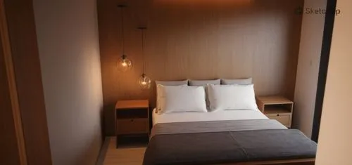 Habitacion para una joven con luz calida ,a bed has two nightstands on each side,stateroom,guestrooms,japanese-style room,guestroom,staterooms,chambre,sleeping room,bedroomed,modern room,guest room,ka