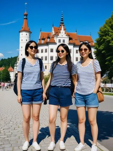 Three female Asian tourists in Sigmaringen in glorious summer weather with a deep blue sky.,three girls standing in front of a castle with a lake and clouds behind them,český krumlov,krumlov,mikulov,b