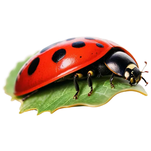 ladybug, red shell, black spots, white wings, green leaves, solo, macro shot, close-up, shallow depth of field, natural light, warm color tone, 1/2 composition, detailed texture.,a ladybug with spots 