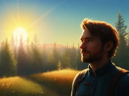 a 2d drawing, vector style of a 30 year old man,the first person wearing a suit looks out into the distance,isildur,sunnfjord,nikolaj,sunburst background,kjellberg,asgeir,Illustration,Vector,Vector 08