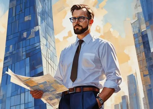 Middle-aged Nelson, architectural designer, bespectacled, short brown hair, beard, white shirt, black tie, dark blue formal trousers, leather belt, standing, holding a blueprint, pencil in hand, moder