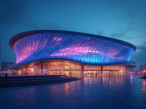 Sleek stadium facade, curved lines, dynamic shapes, futuristic architecture, transparent glass panels, metallic cladding, LED lighting systems, vibrant color schemes, angular columns, minimalist desig