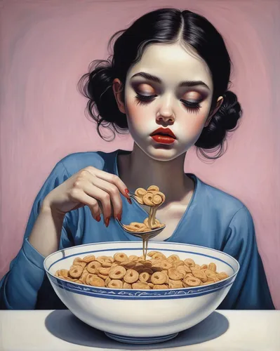 Write a story about a girl with a cereal bowl, feeling sad and reminiscing about her childhood.,girl with cereal bowl,woman eating apple,woman holding pie,appetite,cereal,cereals,hunger,gluttony,surre