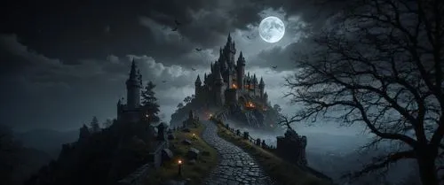 haunted castle,fantasy picture,ravenloft,witch's house,ghost castle,castle of the corvin