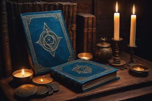 Fantasy, magical, mysterious, ancient tome, leather-bound book, golden runes, intricate symbols, glowing blue pages, dimly lit chamber, stone walls, candles, mystical atmosphere, ornate wooden desk, w