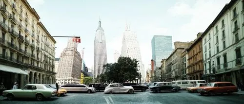 una calle con muchos edificios, gente, coches,chrysler building,lubitel 2,new york streets,fiat 600,1 wtc,1wtc,street view,city car,chrysler fifth avenue,new york taxi,fiat 501,manhattan,fiat 500,fiat