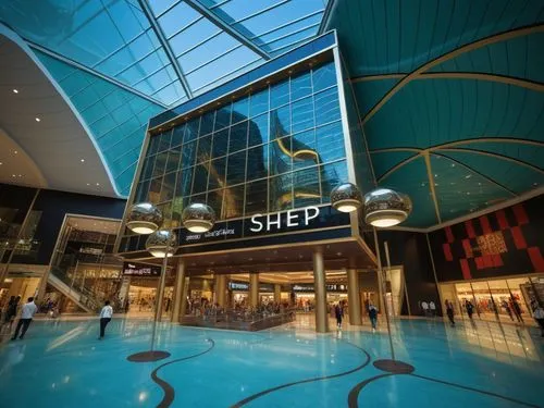 In the heart of an urban hub, a vibrant and lively community mall stands tall. The scene is a testament to the hustle and bustle of urban life. The mall's entrance is made of gleaming glass, and the f