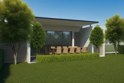 VISTA DE DIA ,MANTENER VOLUMETRIA Y FORMAS GRAN CANTIDAD DE VEGETACION ,PRIMER PLANO PASTO EN PISO,a house with a picnic table in front,landscape design sydney,garden design sydney,3d rendering,landsc