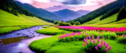 purple landscape,landscape background,pink grass,nature landscape,beautiful landscape,mountain landscape,background view nature,meadow landscape,landscape nature,mountainous landscape,the valley of flowers,mountain meadow,colorful background,background colorful,natural landscape,river landscape,mountain pasture,natural scenery,alpine meadow,splendid colors,Illustration,Paper based,Paper Based 09