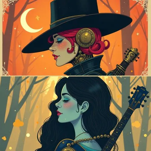 the same drawing shows two images one with a woman and the other with an instrument,halloween illustration,witches,halloween icons,samhain,fall icons,halloween wallpaper,Illustration,Realistic Fantasy