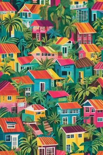 houses clipart,bungalows,beach huts,tropics,background pattern,colorful city,tropicalia,tropical house,retro pattern,seamless pattern repeat,beach house,houses,beachhouse,summer pattern,tropical floral background,house roofs,tropical island,vector pattern,waikiki,palmtrees,Unique,Paper Cuts,Paper Cuts 07