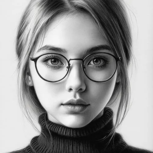 girl portrait,girl drawing,spectacles,silver framed glasses,lily-rose melody depp,glasses,Illustration,Black and White,Black and White 35