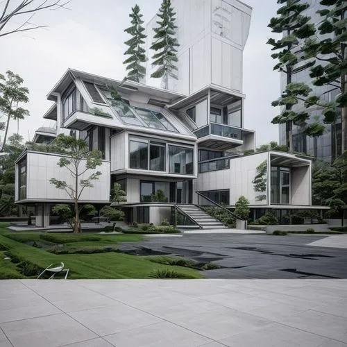 Architecture of white designer houses in hill in forest with lots of vegetation, bushes, trees, happy people walking and enjoying sunshine, scandinavian design, contemporary architecture, white houses