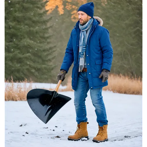 winter scene, adult male, shovel in hand, snow-covered ground, blue jeans, warm winter coat, gloves, hat, scarf, cold breath visible, dynamic pose, throwing snow, morning light, soft focus, shallow de