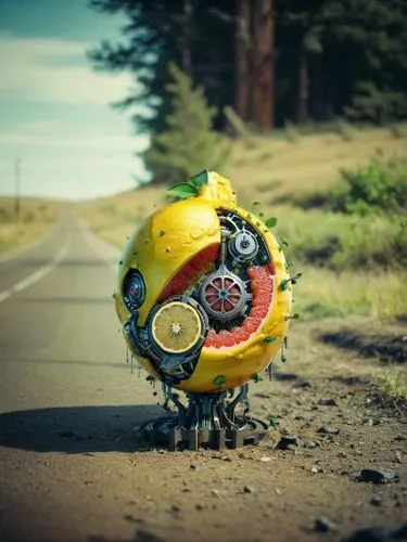 a fruit with gears sits on the side of the road,hitchhiker,minion,hitchhikers,hitchhiking,hitchhike,minion hulk,hitchhikes,hitcher,minions,hitchhiked,wheatley,roadkill,crash test,caterpillar gypsy,roa