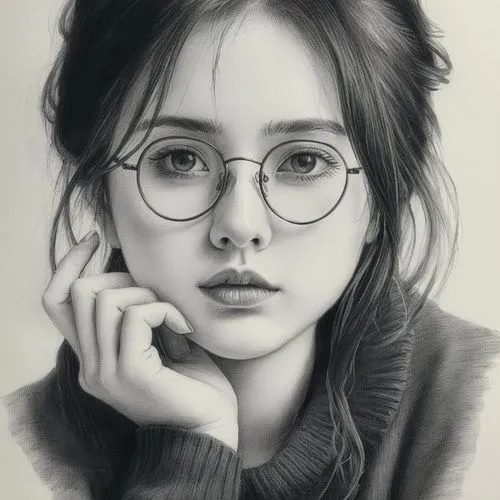 女孩，眼镜，黑色长发，黑色毛衣,an artistic portrait with glasses, a sweater and a scarf,girl portrait,girl drawing,hermione,pencil drawing,portrait of a girl,pencil art,Illustration,Black and White,Black and White 3