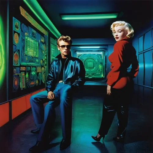 Marilyn  Monroe and james dean in futuristic world ,replicants,spacehog,laundrette,strangelove,futureworld,kodachrome,replicant,kuryakin,schifrin,launderette,kommissar,synthpop,cosmos 1999,waxworks,at