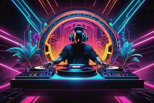 dj,80's design,electronic music,spotify icon,neon arrows,vector illustration,music background,electronic,disc jockey,vector graphic,disk jockey,neon,neon lights,trance,rave,neon light,80s,vector image,vector art,electro,Illustration,Black and White,Black and White 03