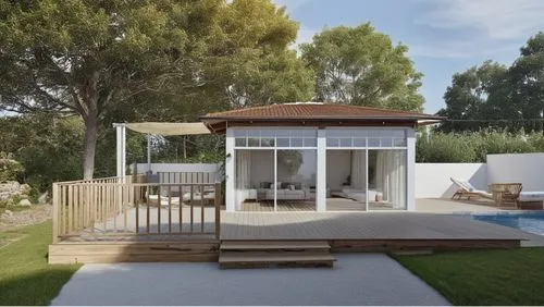 a 3d view of the inside of a patio,landscape design sydney,wooden decking,landscape designers sydney,garden design sydney,3d rendering,decking,summer house,sketchup,summerhouse,pool house,annexes,inve