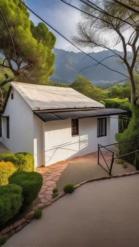 The roof and walls of the bungalow are covered in white plaster. black window frames. mountain at the background, surrounded by shrubbery and trees ,mid century house,stellenbosch,mid century modern,b