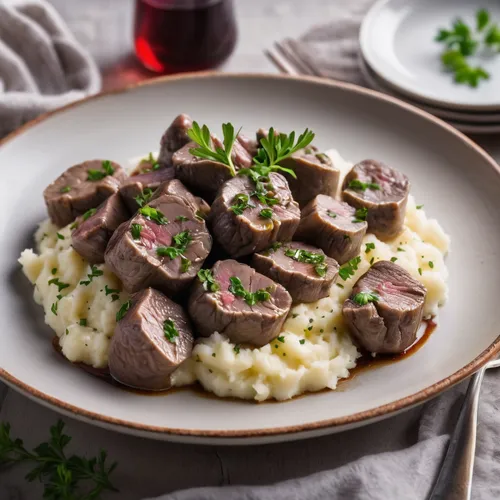 Lunch in a plate of livers in wine on a bed of mashed potato,spätzle,sauerbraten,venison,beef stroganoff,coq au vin,liver and onions,beef bourguignon,slovakian cuisine,boeuf à la mode,czech cuisine,li