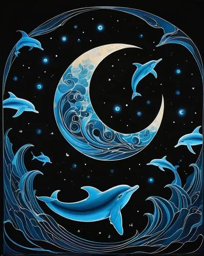 dolphin background,oceanic dolphins,ballenas,moon and star background,crescent moon,constellation swan,Photography,Documentary Photography,Documentary Photography 37