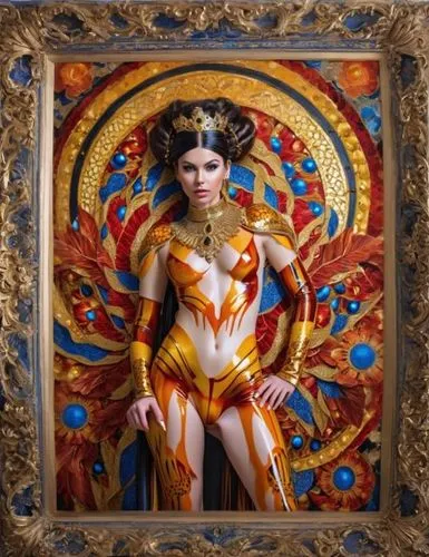 bodypainting,body painting,bodypaint,asian costume,art nouveau frame,wonderwoman,orientalism,oriental princess,decorative art,gold frame,fantasy woman,tiger lily,decorative frame,sacred art,cleopatra,gold stucco frame,body art,bjork,copper frame,decorative figure