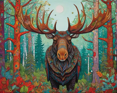 Imagine a humorous conversation between a bull moose and a wise old owl in the middle of a dense forest.,bull moose,elk,buffalo plaid antlers,buffalo plaid deer,deer illustration,moose,forest animal,p