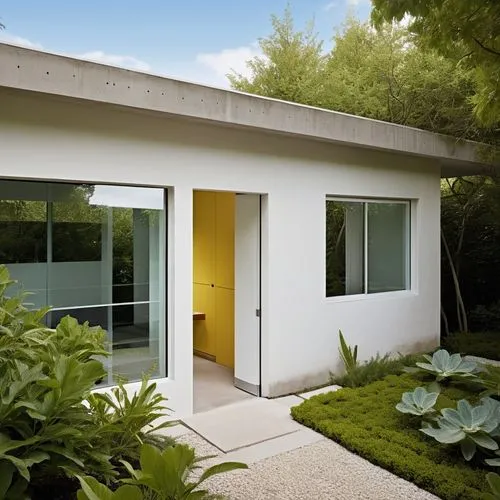 The exterior of the minimalist style house is a stunning blend of deep blue, icy green, and sunny yellow blends seamlessly into the surface of the house. Above, a stunning garden and vibrant blue sky 