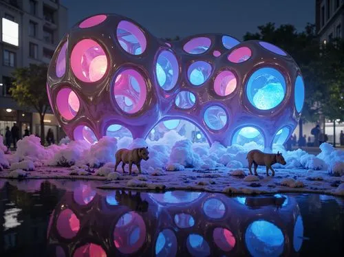 Organic blob-shaped structures, translucent membranes, iridescent colors, glowing accents, futuristic ambiance, neon-lit nighttime scenes, misty atmospheric effects, soft focus blur, shallow depth of 