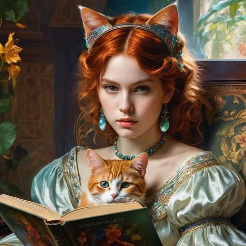 emile vernon,latynina,fantasy portrait,triss,ginger kitten,romantic portrait,red tabby,hildebrandt,fantasy art,fantasy picture,ginger cat,orange tabby cat,xanth,noblewoman,catrin,perugini,bibliophile,orange tabby,behenna,storybook,Conceptual Art,Fantasy,Fantasy 05