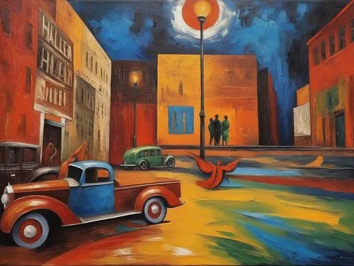 tourneur,night scene,automobiles,street scene,oil painting on canvas,follieri,oil on canvas,guantanamera,cosmopolis,pasaje,citroen,bluemner,oil painting,habanera,harlem,painting technique,rendezvous,tango,aronde,aperol,Illustration,Realistic Fantasy,Realistic Fantasy 21