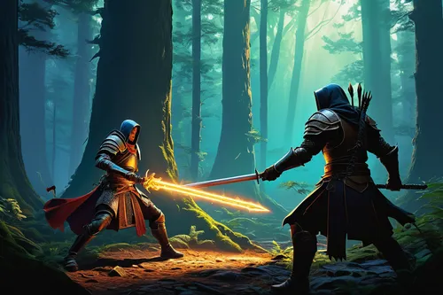 sword fighting,game illustration,swordsmen,cg artwork,massively multiplayer online role-playing game,duel,game art,assassins,confrontation,warrior and orc,lightsaber,action-adventure game,splitting maul,heroic fantasy,sci fiction illustration,laser sword,skirmish,games of light,android game,battle,Conceptual Art,Sci-Fi,Sci-Fi 15