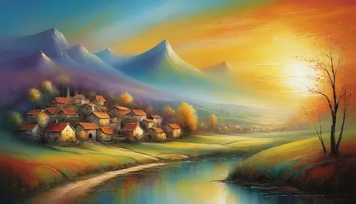 mountain settlement,mountain village,autumn landscape,autumn mountains,mountain landscape,fantasy landscape,mountain scene,alpine village,landscape background,home landscape,alpine landscape,mountainous landscape,world digital painting,fall landscape,aurora village,fantasy picture,mountain sunrise,house in mountains,autumn background,paysage,Conceptual Art,Daily,Daily 32