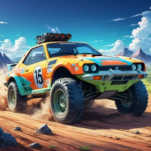 subaru rex,onrush,game car,dakar rally,off-road car,motorstorm,Illustration,Japanese style,Japanese Style 03